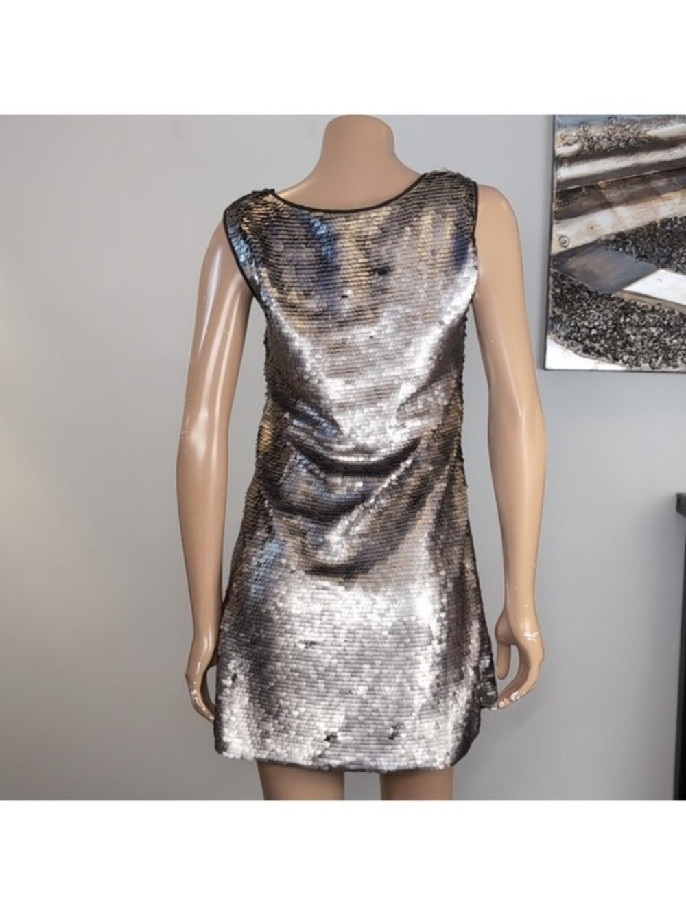 Zara Metallic Silver Sequin Mini Dress Womens Size Medium Sleeveless Shift Party - Picture 8 of 14